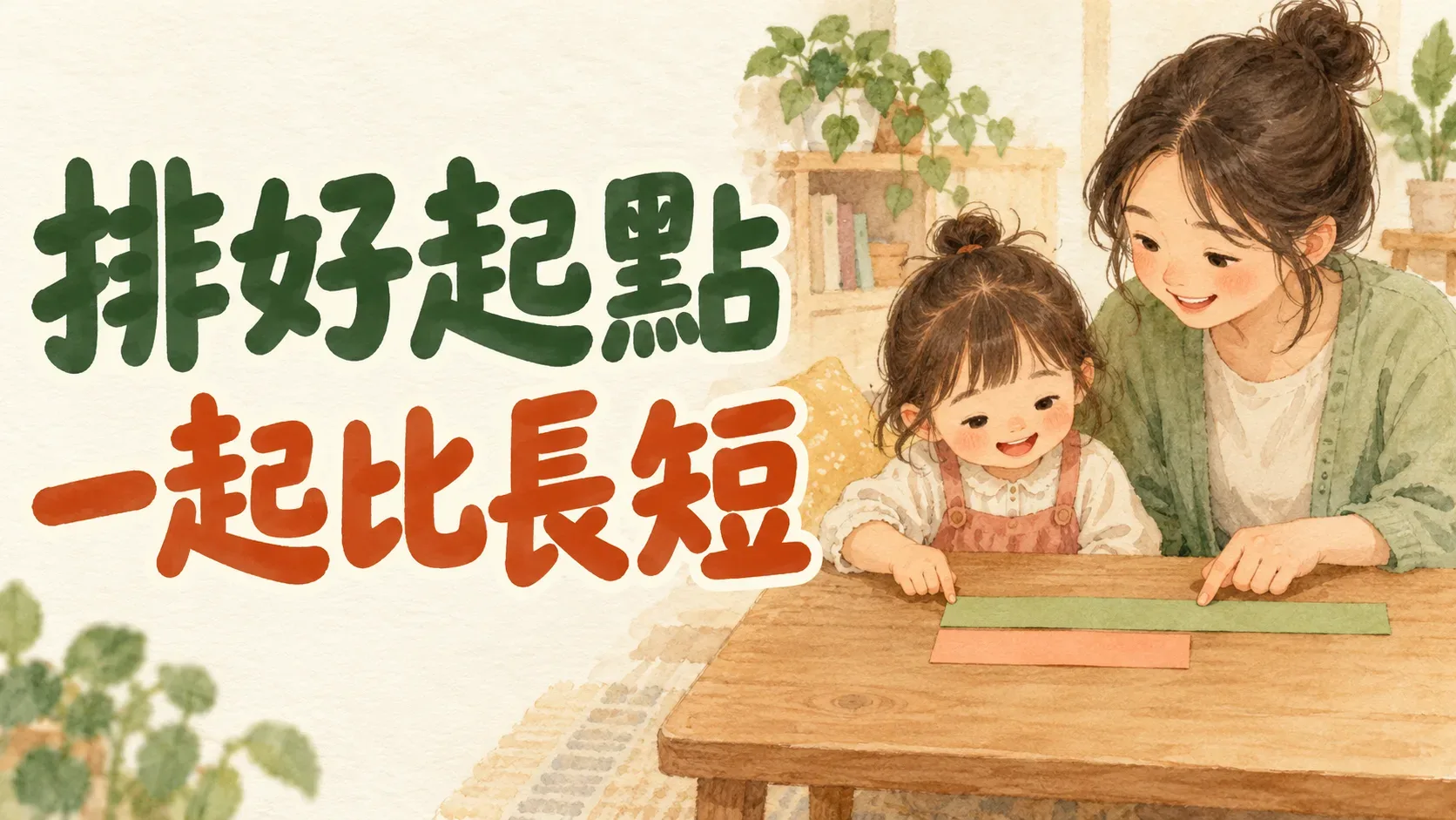 哪張紙條比較長?陪孩子把起點排好,再看另一頭